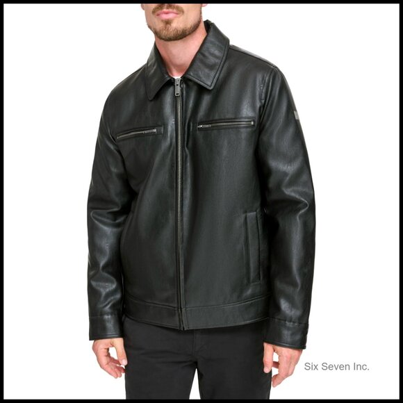 Men's Faux Leather Jacket with Quilted Lining and Zipper Pockets